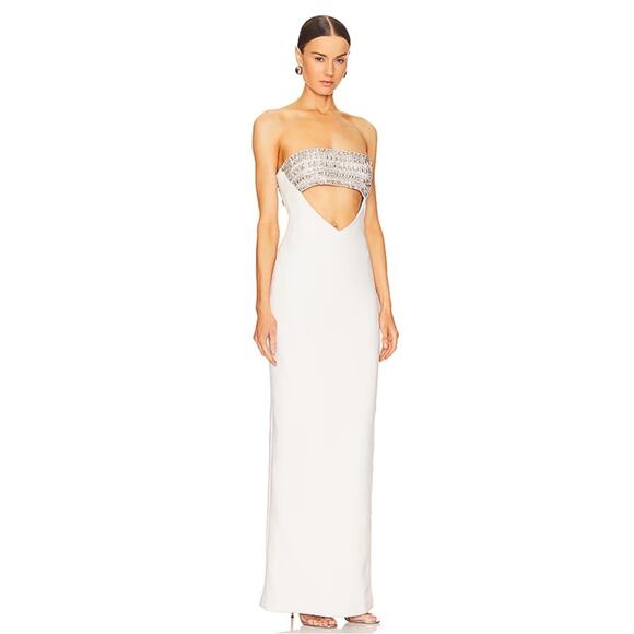 Retrofete Swan Crystal Embellished Cutout Strapless White Maxi Dress Size Large - Picture 3 of 10